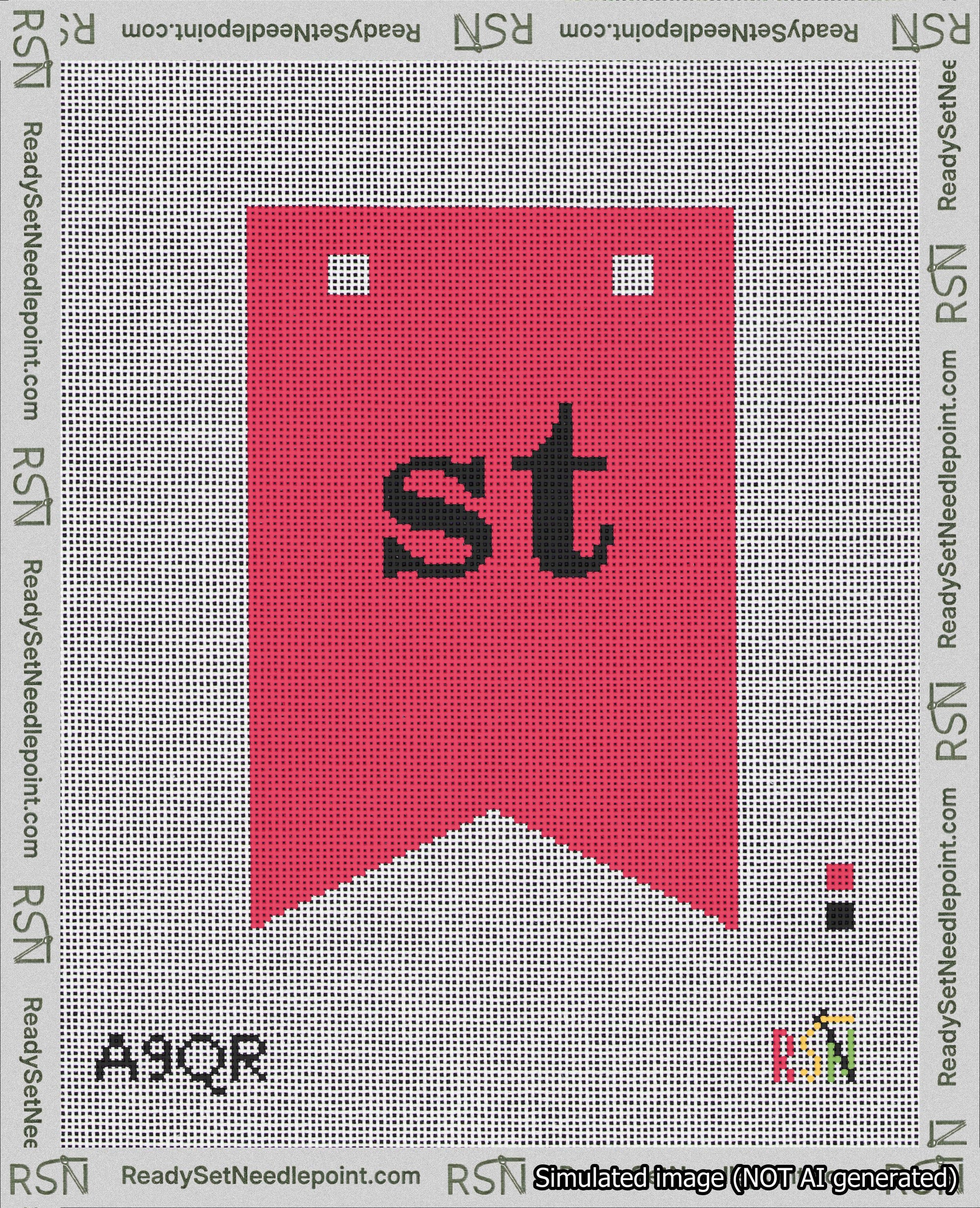 A taped needlepoint canvas with the design: Banner 18 mesh count Forked st Black on Red.