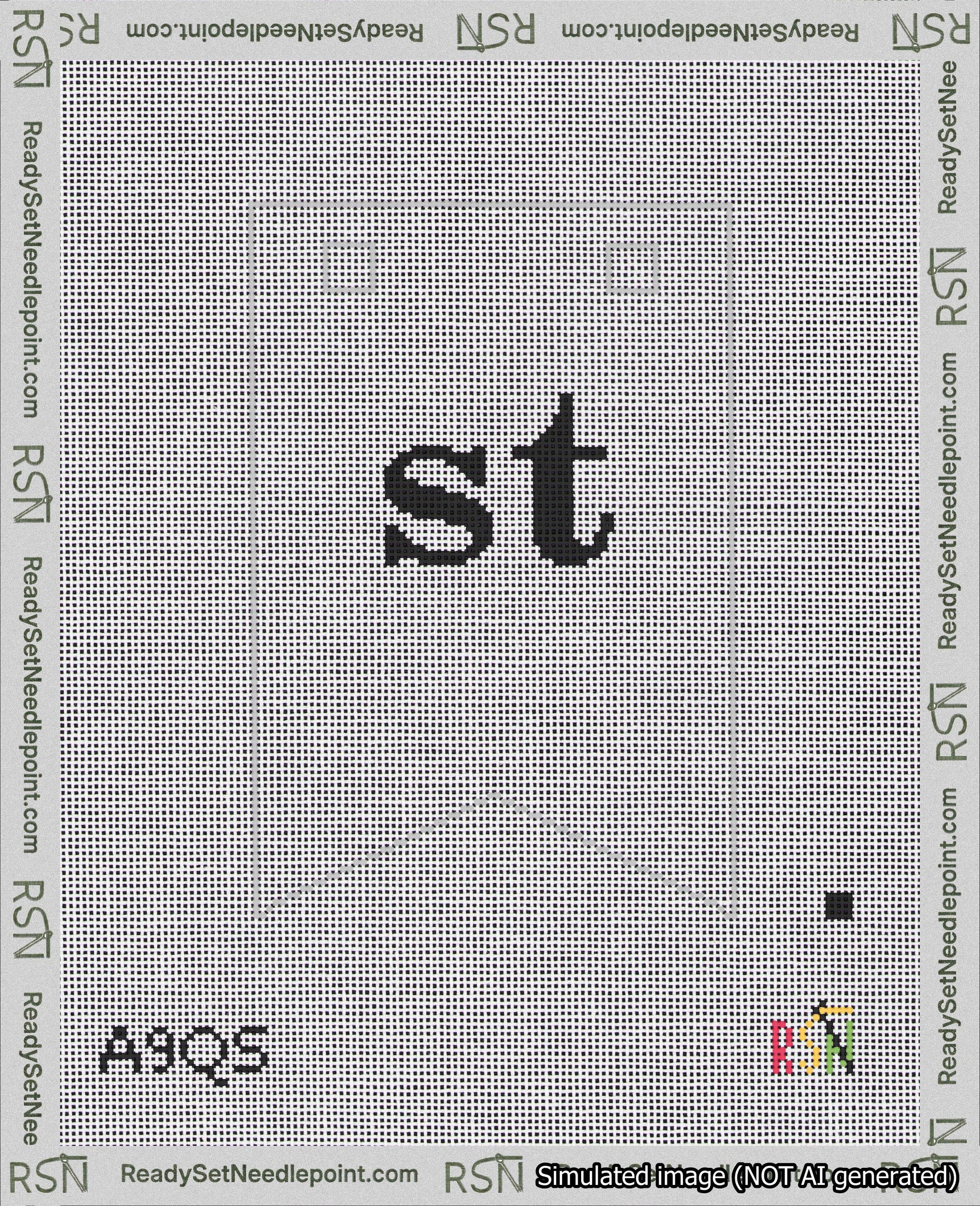 A taped needlepoint canvas with the design: Banner 18 mesh count Forked st Black on White.