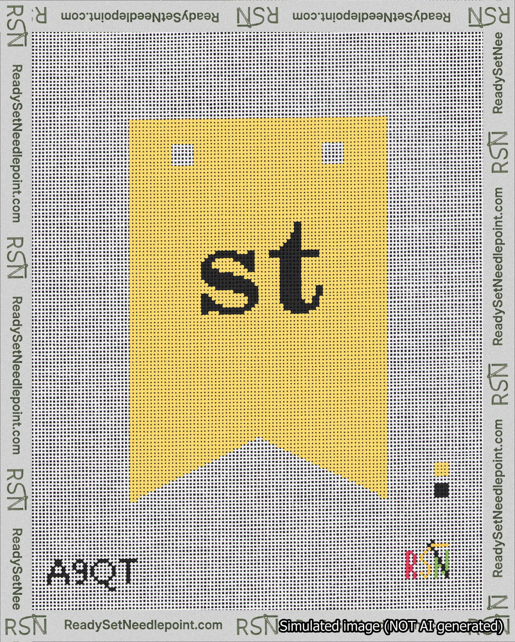 A taped needlepoint canvas with the design: Banner 18 mesh count Forked st Black on Yellow.