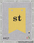 A taped needlepoint canvas with the design: Banner 18 mesh count Forked st Black on Yellow.