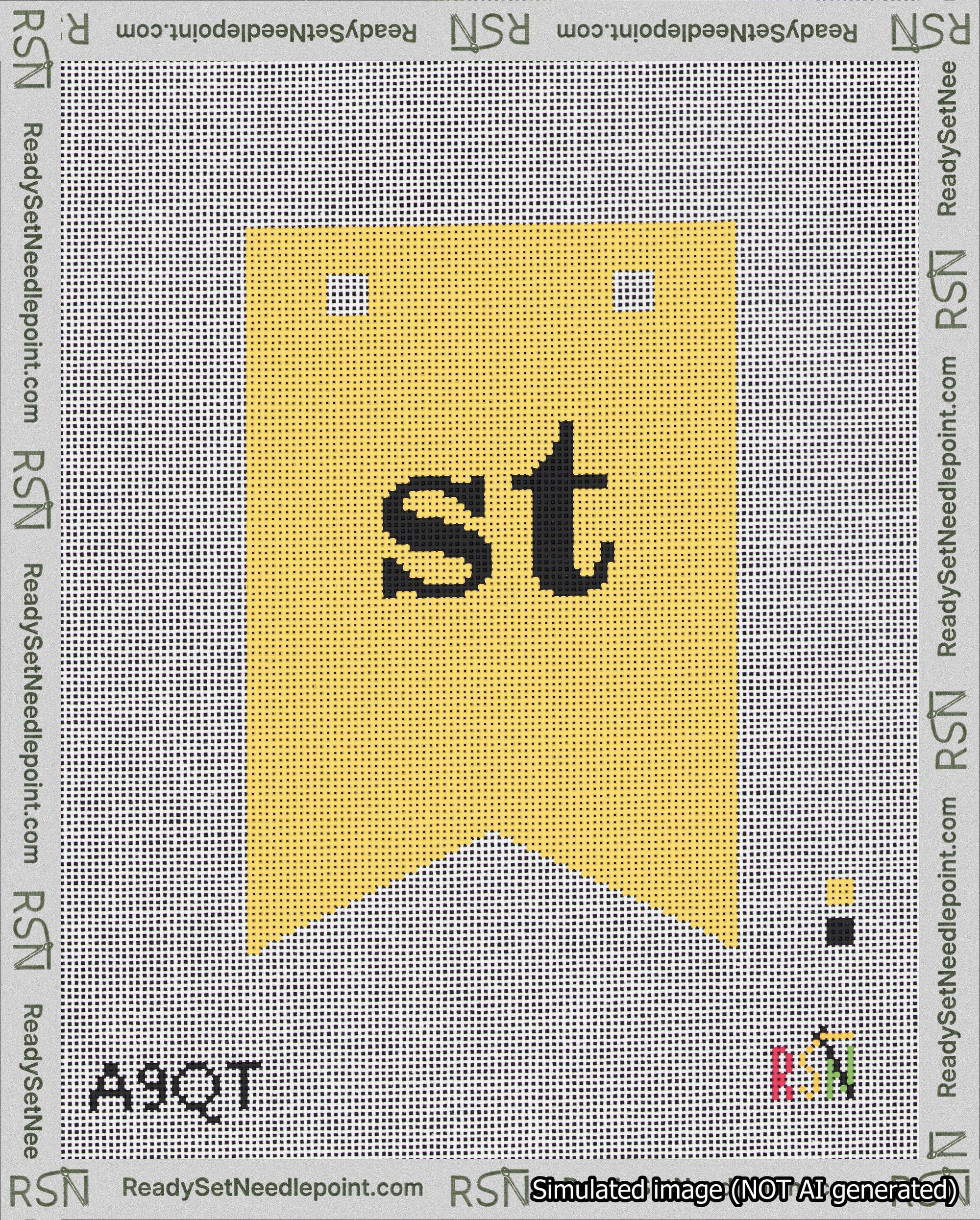 A taped needlepoint canvas with the design: Banner 18 mesh count Forked st Black on Yellow.