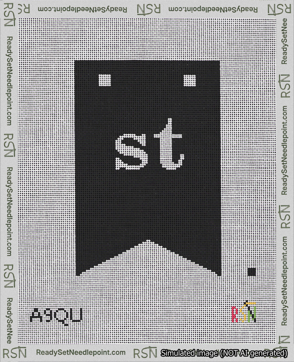 A taped needlepoint canvas with the design: Banner 18 mesh count Forked st White on Black.