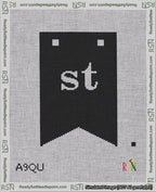 A taped needlepoint canvas with the design: Banner 18 mesh count Forked st White on Black.