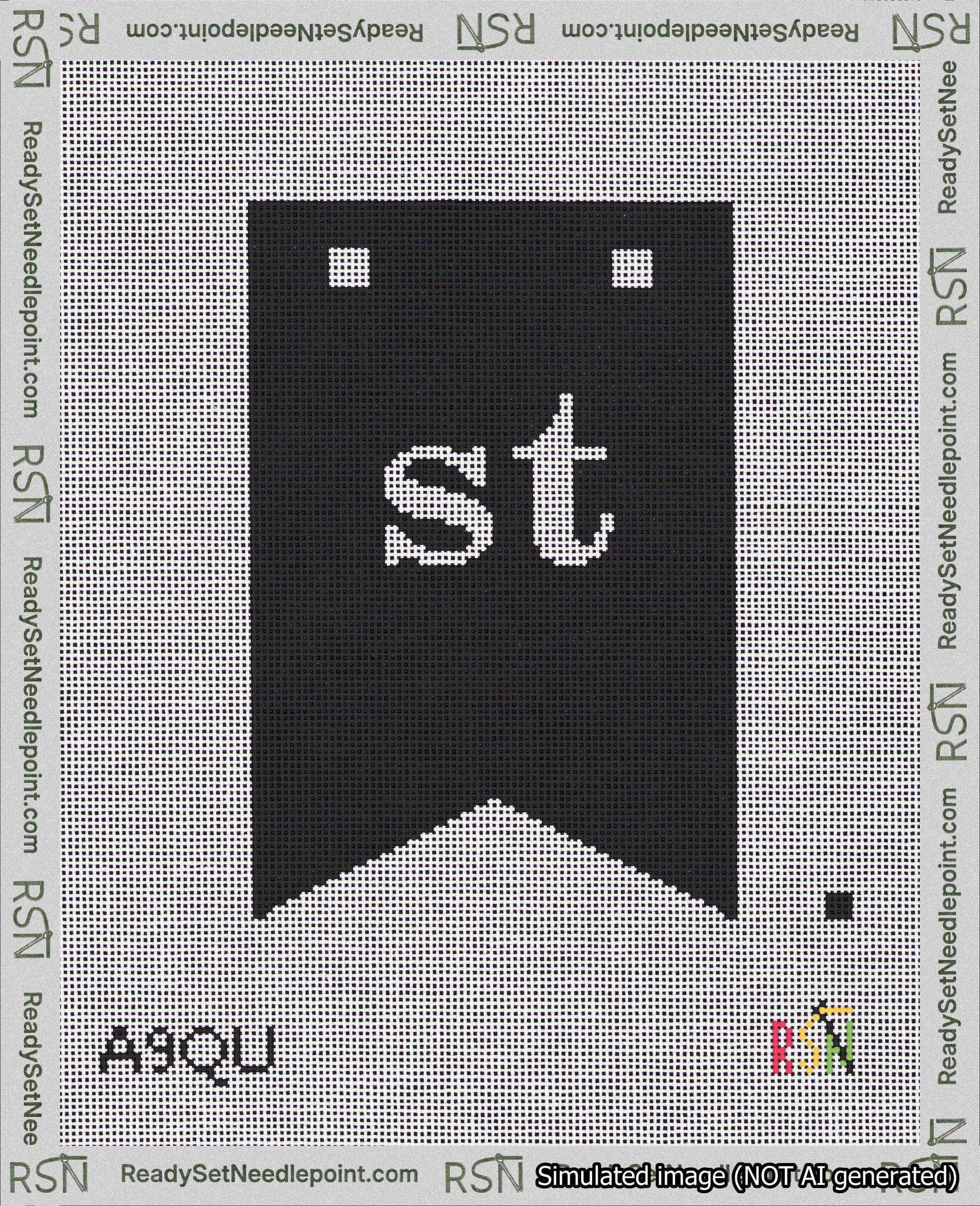 A taped needlepoint canvas with the design: Banner 18 mesh count Forked st White on Black.