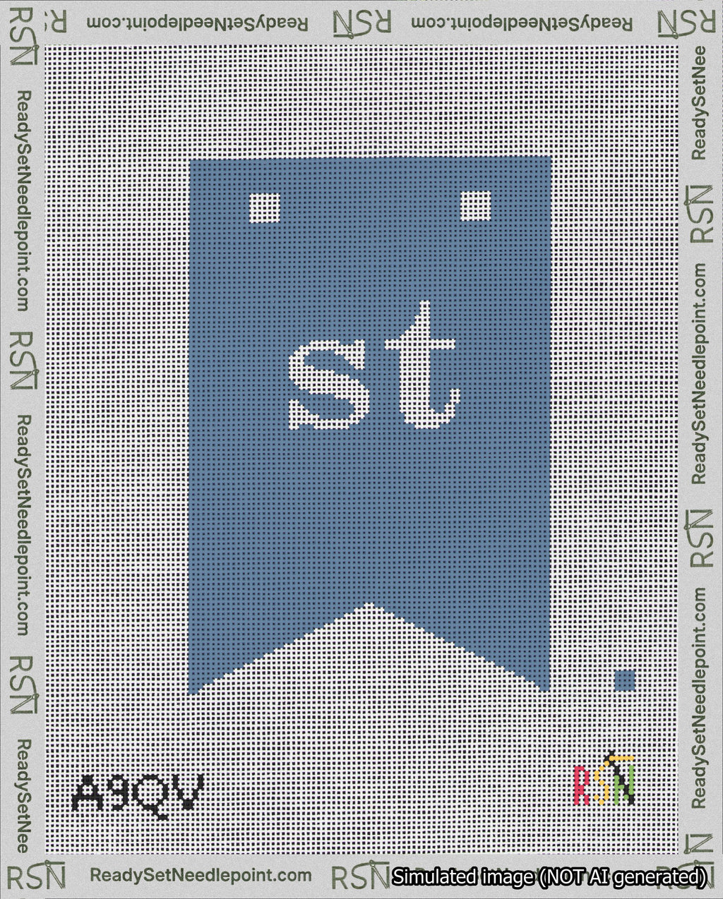 A taped needlepoint canvas with the design: Banner 18 mesh count Forked st White on Blue.