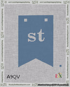 A taped needlepoint canvas with the design: Banner 18 mesh count Forked st White on Blue.