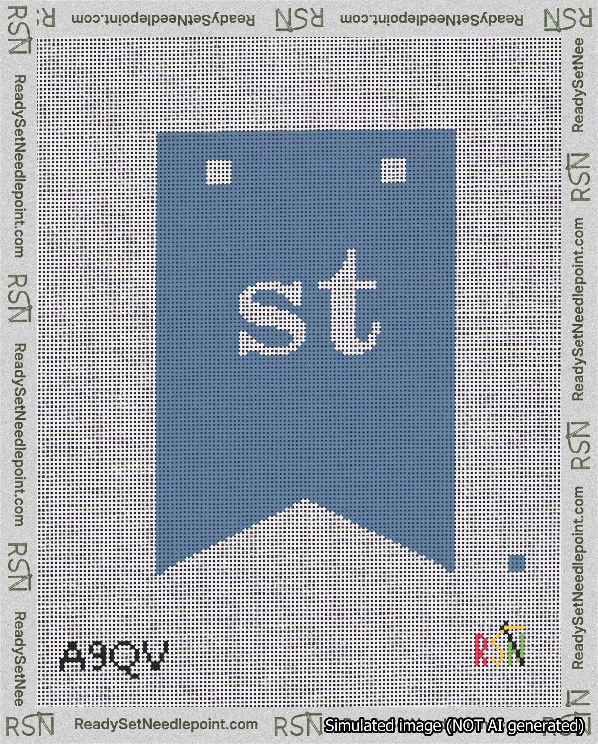 A taped needlepoint canvas with the design: Banner 18 mesh count Forked st White on Blue.