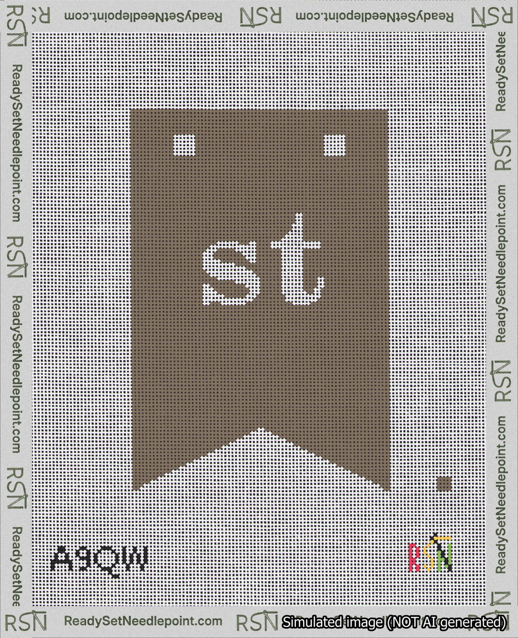 A taped needlepoint canvas with the design: Banner 18 mesh count Forked st White on Brown.