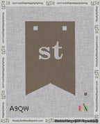 A taped needlepoint canvas with the design: Banner 18 mesh count Forked st White on Brown.