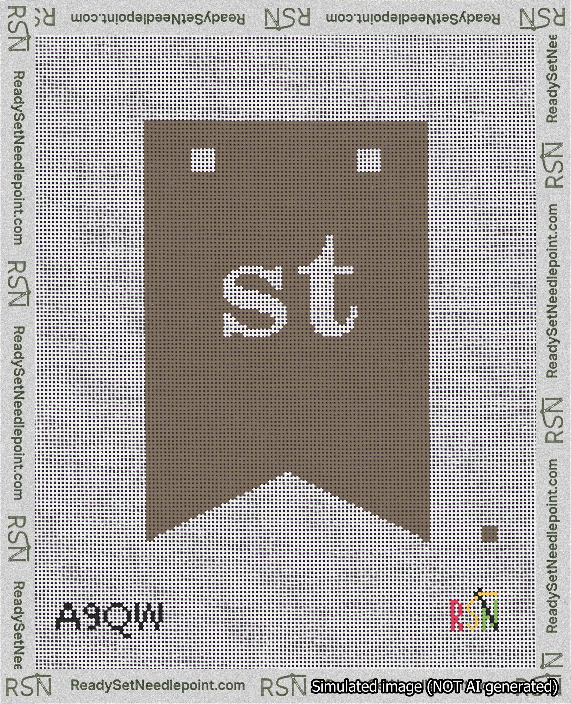 A taped needlepoint canvas with the design: Banner 18 mesh count Forked st White on Brown.