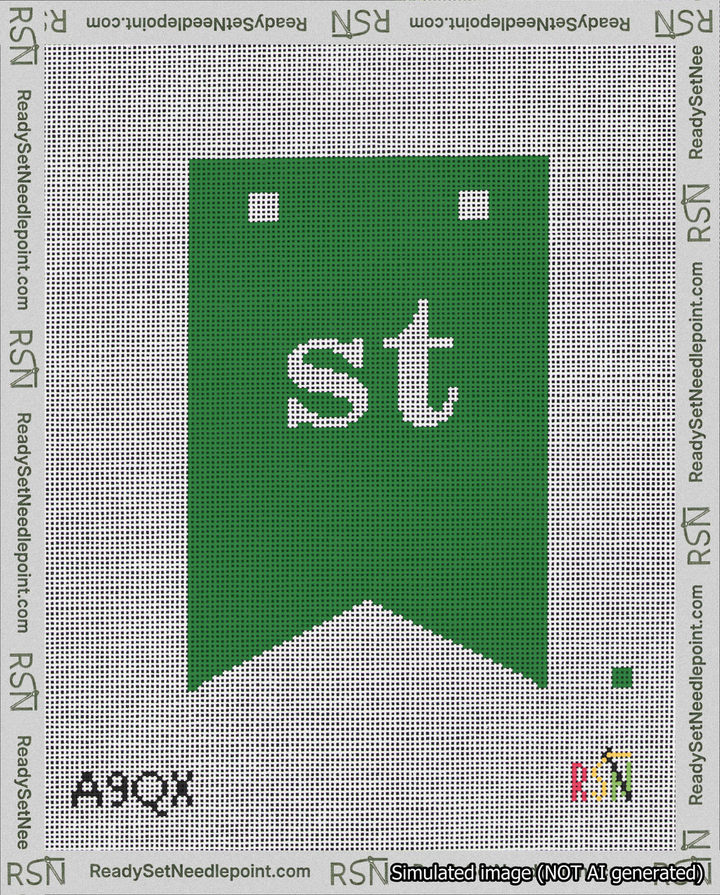 A taped needlepoint canvas with the design: Banner 18 mesh count Forked st White on Green.