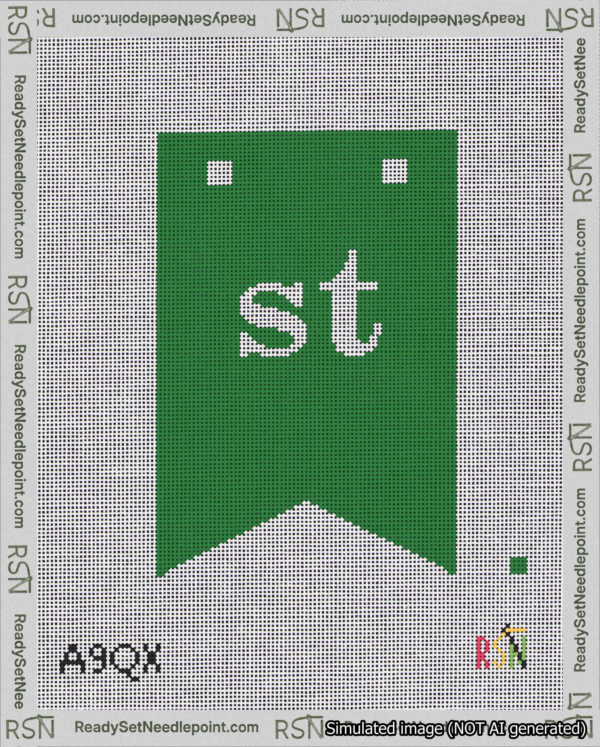 A taped needlepoint canvas with the design: Banner 18 mesh count Forked st White on Green.