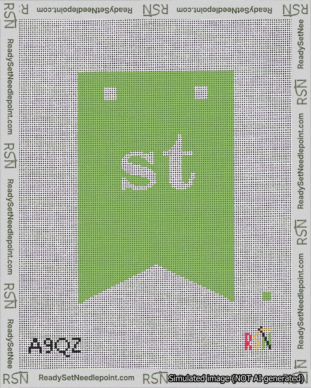 A taped needlepoint canvas with the design: Banner 18 mesh count Forked st White on Light Green.