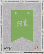 A taped needlepoint canvas with the design: Banner 18 mesh count Forked st White on Light Green.