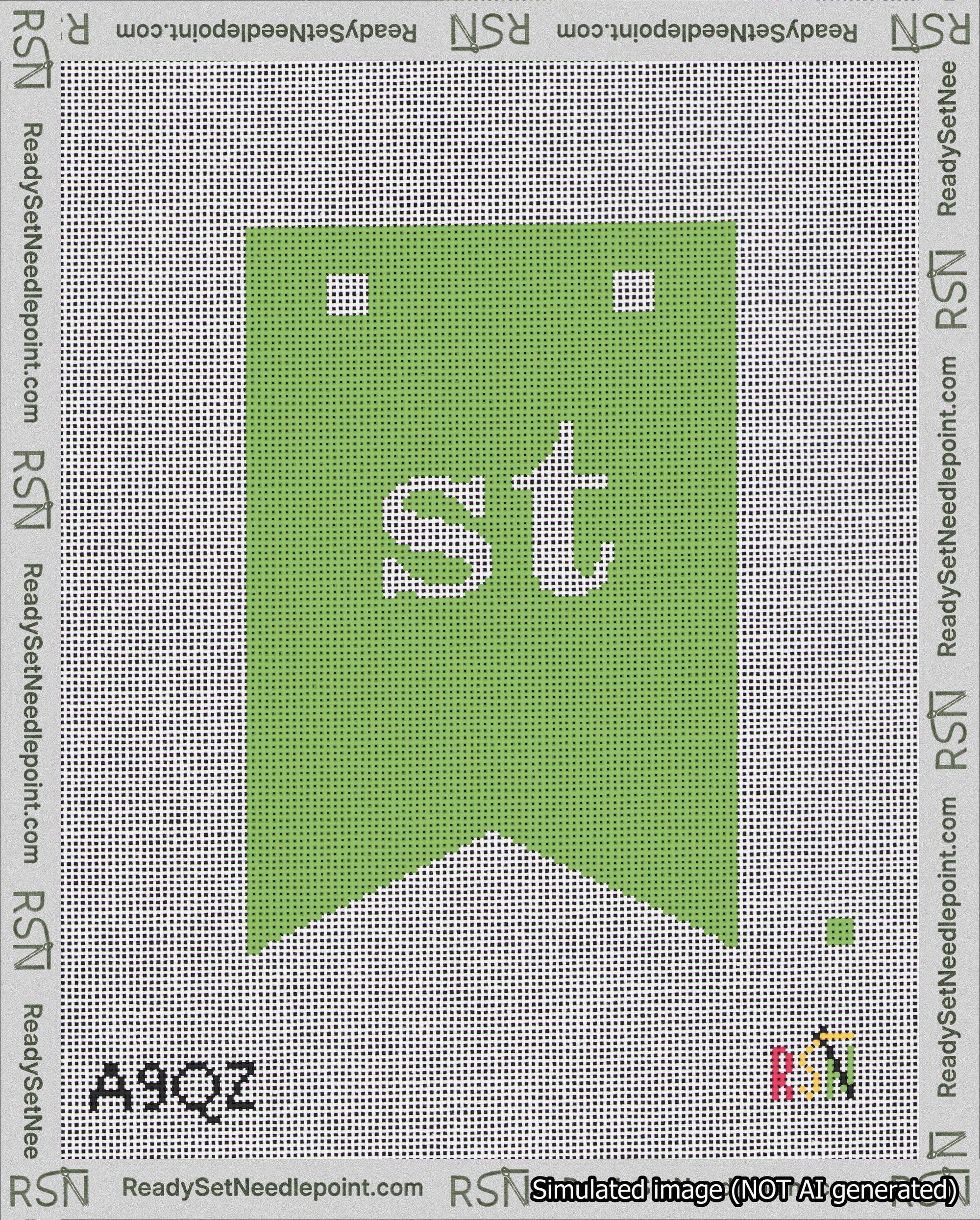 A taped needlepoint canvas with the design: Banner 18 mesh count Forked st White on Light Green.