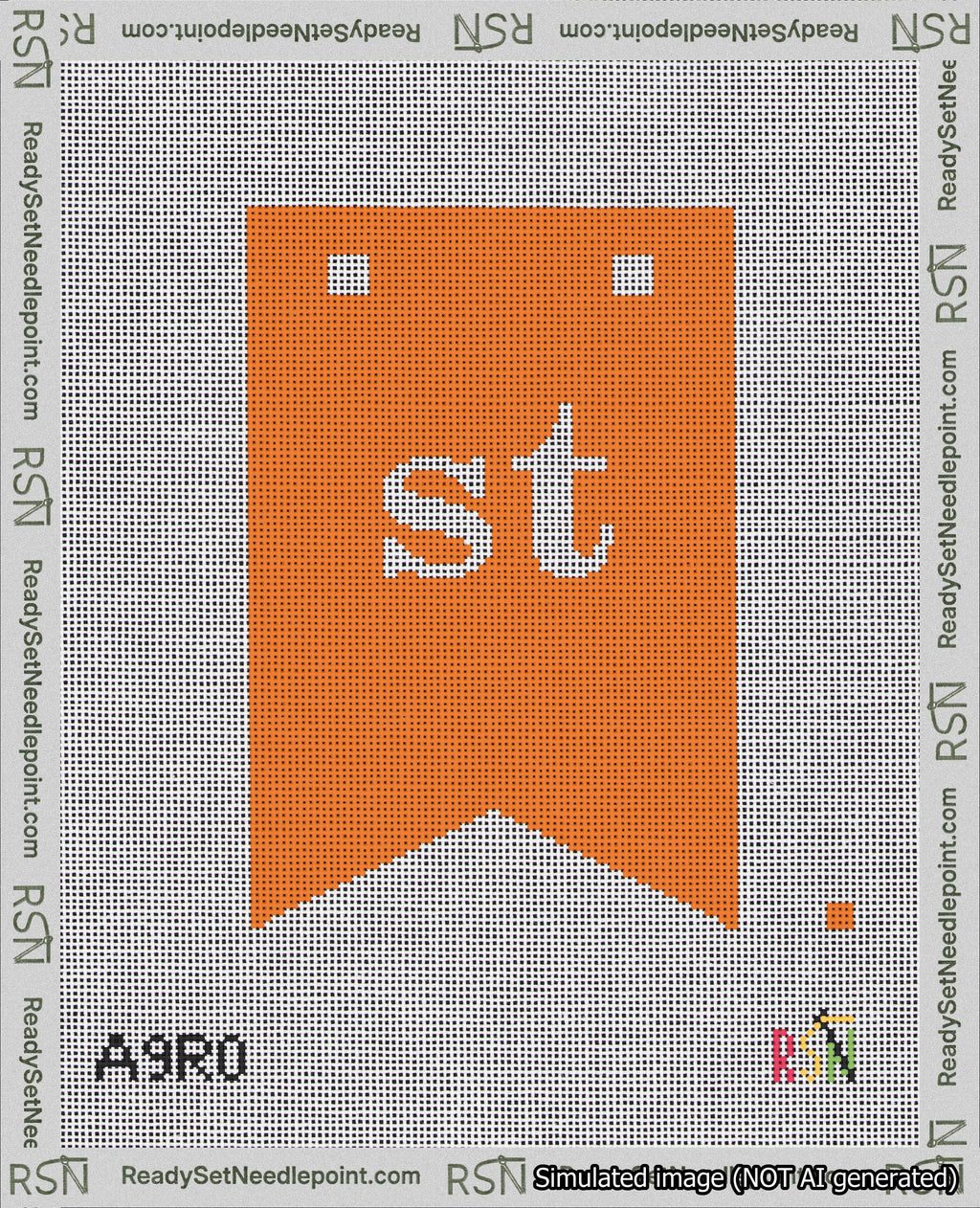 A taped needlepoint canvas with the design: Banner 18 mesh count Forked st White on Orange.