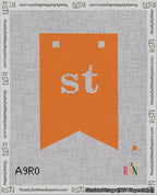 A taped needlepoint canvas with the design: Banner 18 mesh count Forked st White on Orange.