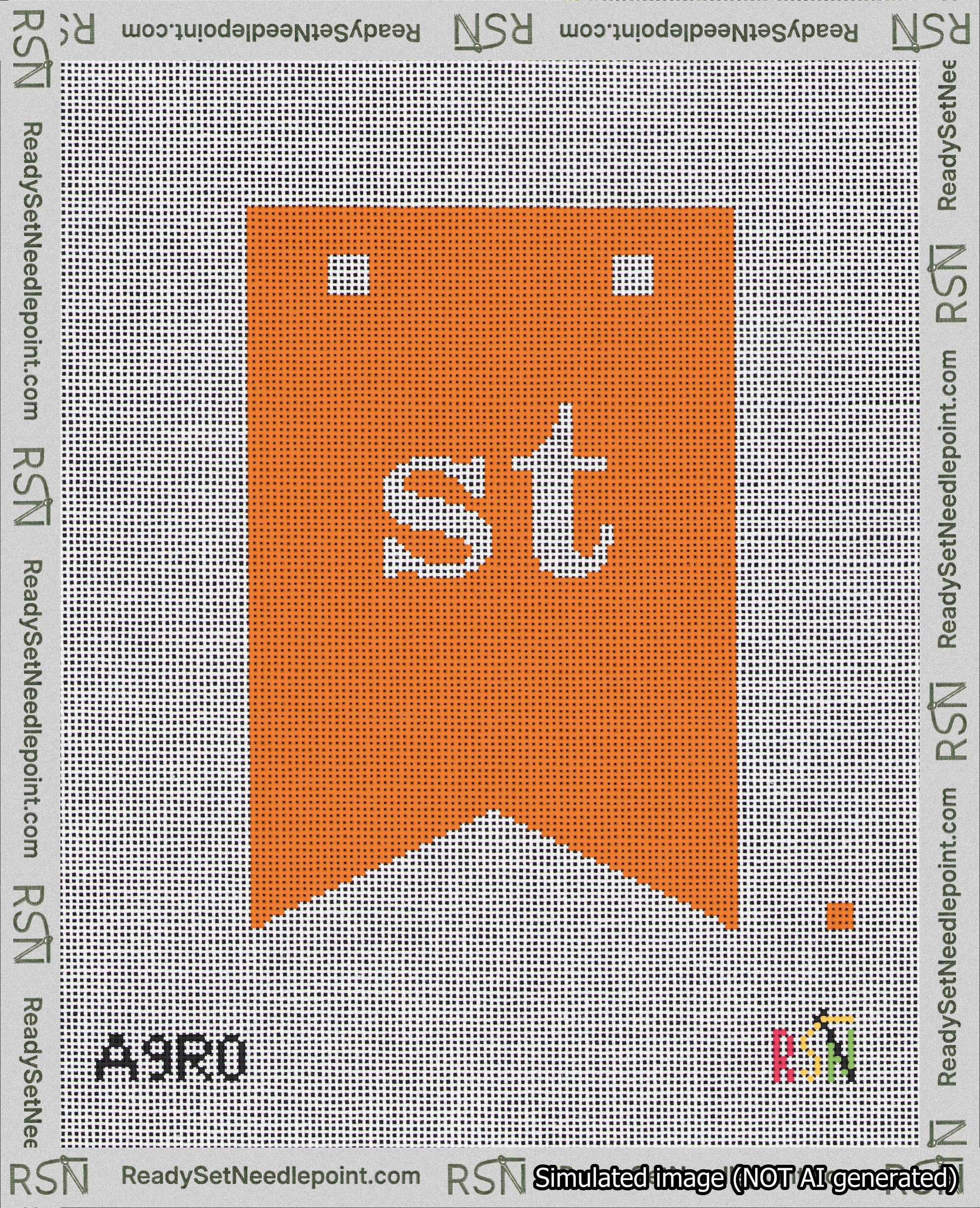 A taped needlepoint canvas with the design: Banner 18 mesh count Forked st White on Orange.