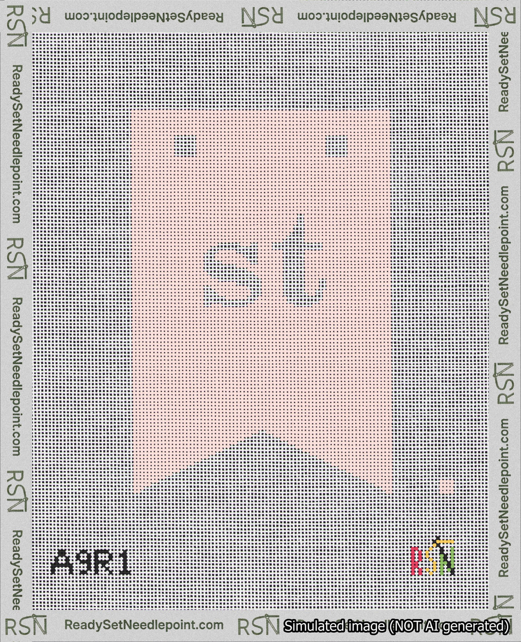 A taped needlepoint canvas with the design: Banner 18 mesh count Forked st White on Pink.