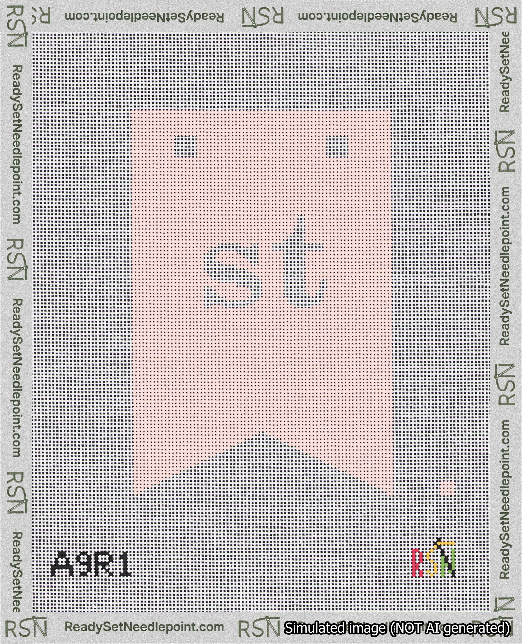 A taped needlepoint canvas with the design: Banner 18 mesh count Forked st White on Pink.