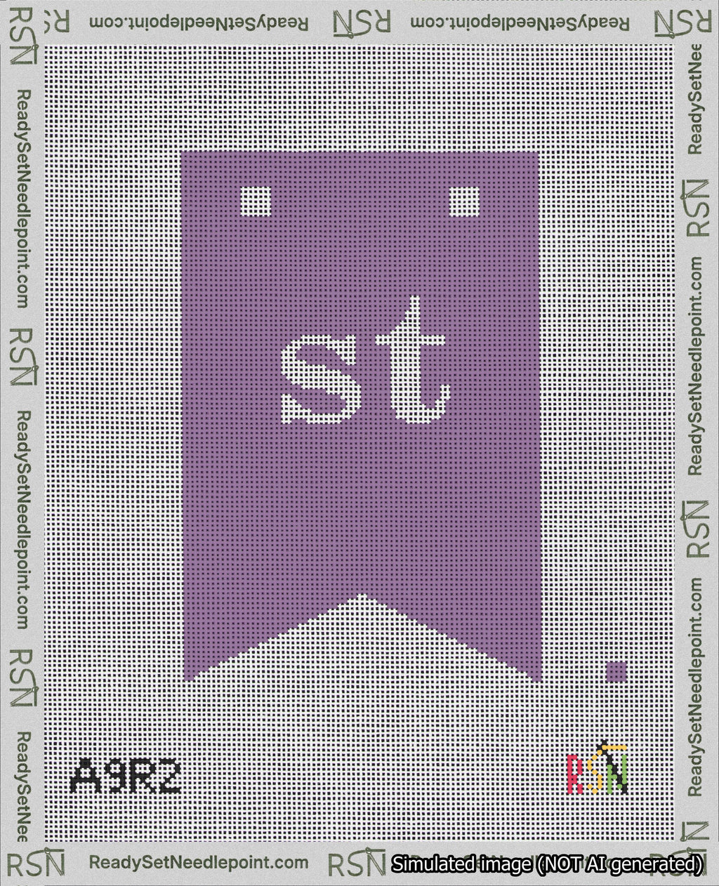 A taped needlepoint canvas with the design: Banner 18 mesh count Forked st White on Purple.