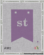 A taped needlepoint canvas with the design: Banner 18 mesh count Forked st White on Purple.