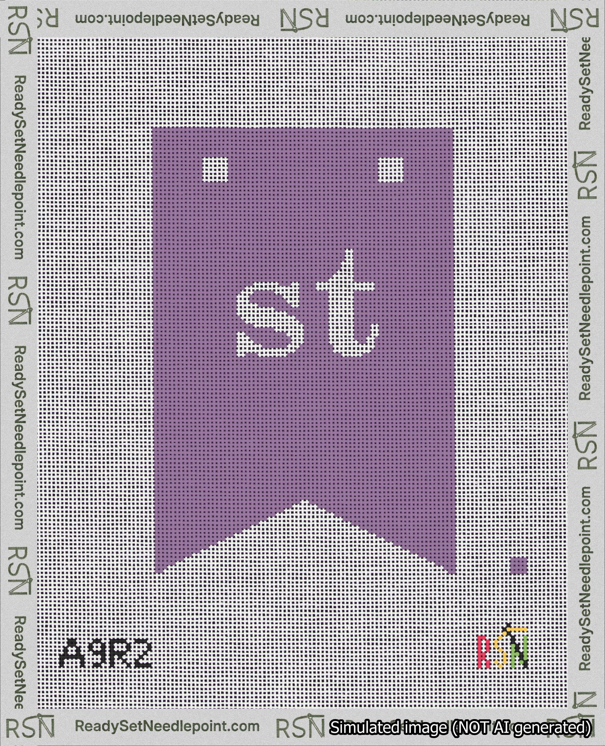 A taped needlepoint canvas with the design: Banner 18 mesh count Forked st White on Purple.