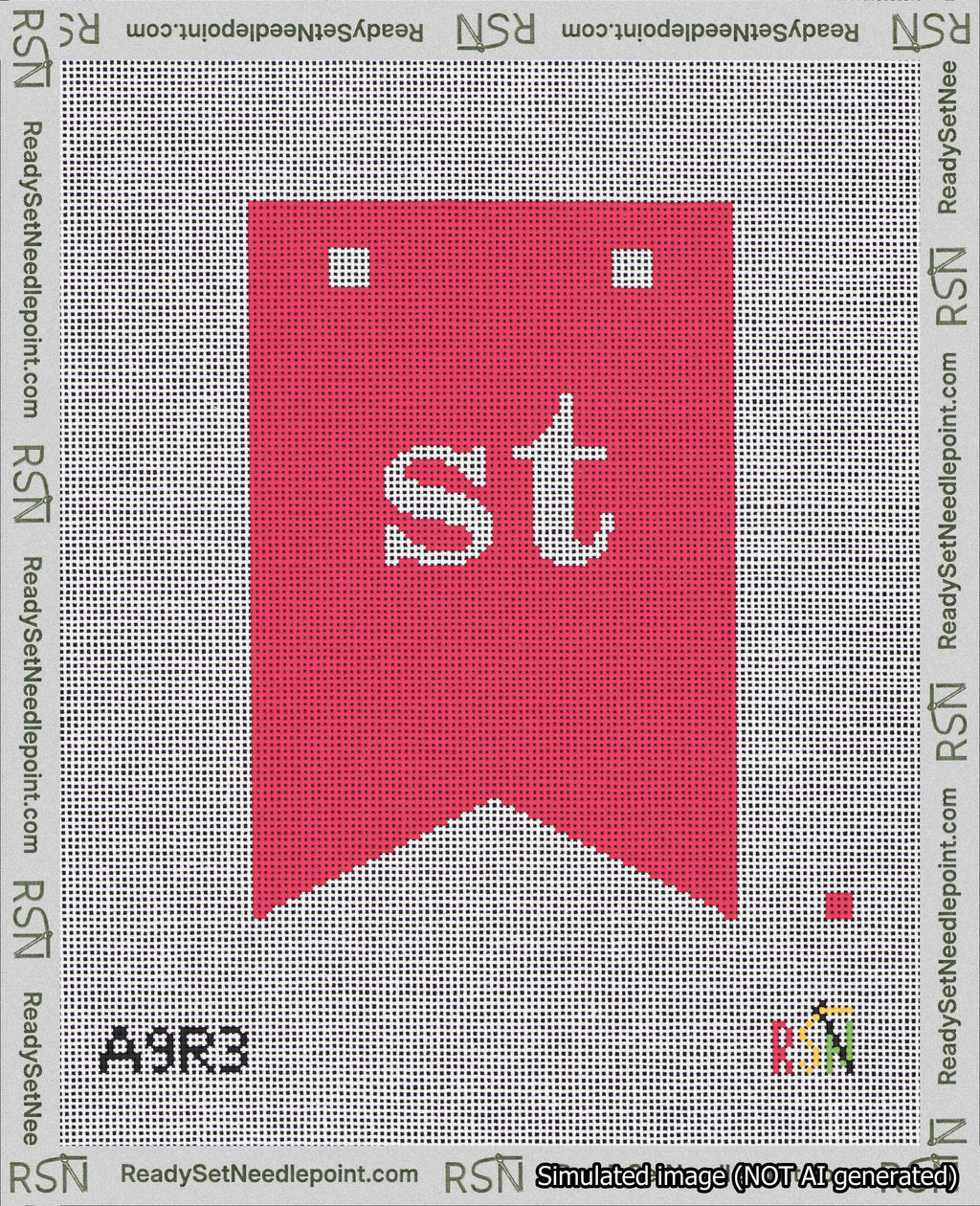 A taped needlepoint canvas with the design: Banner 18 mesh count Forked st White on Red.