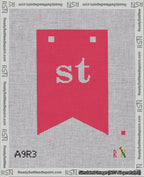 A taped needlepoint canvas with the design: Banner 18 mesh count Forked st White on Red.