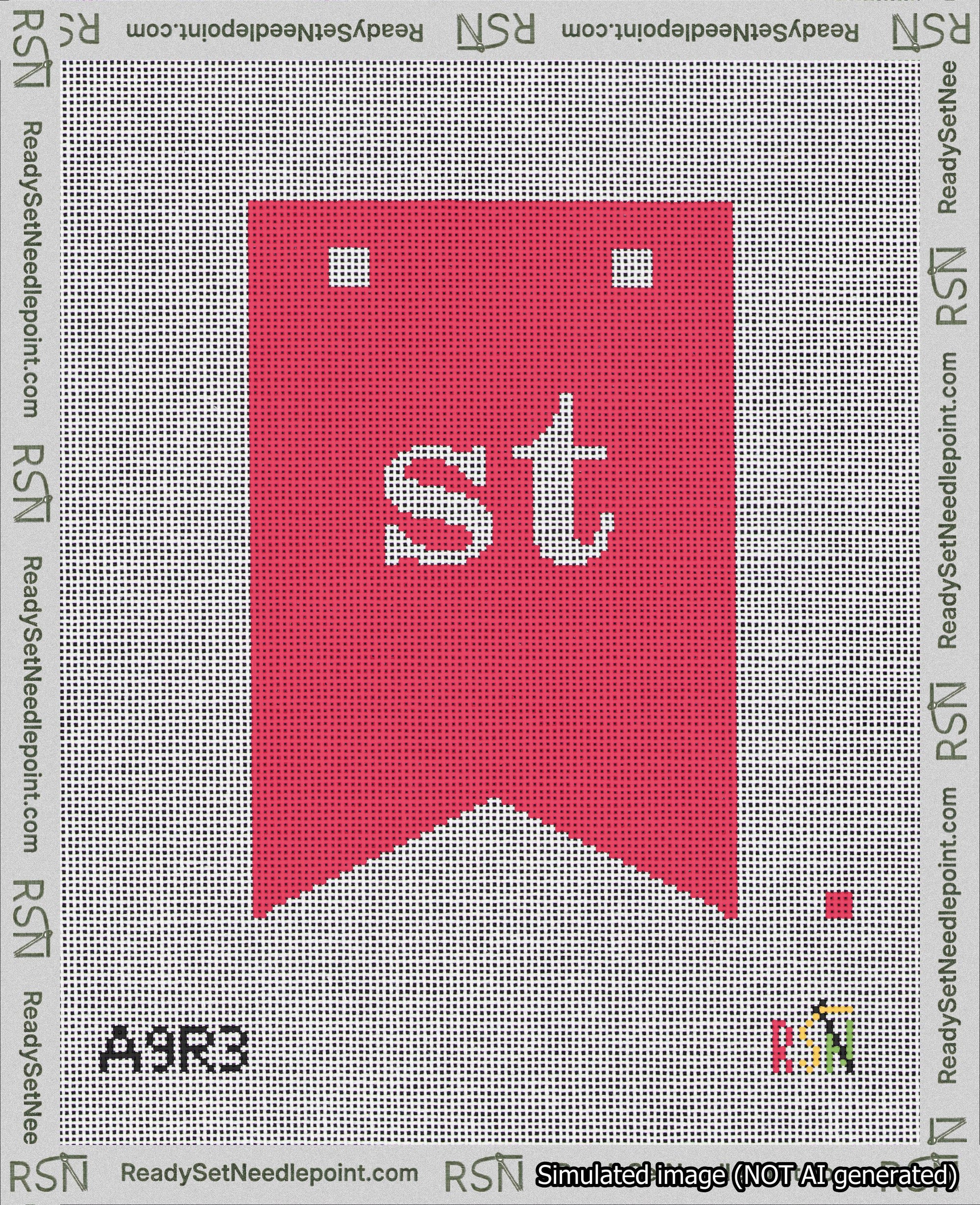 A taped needlepoint canvas with the design: Banner 18 mesh count Forked st White on Red.