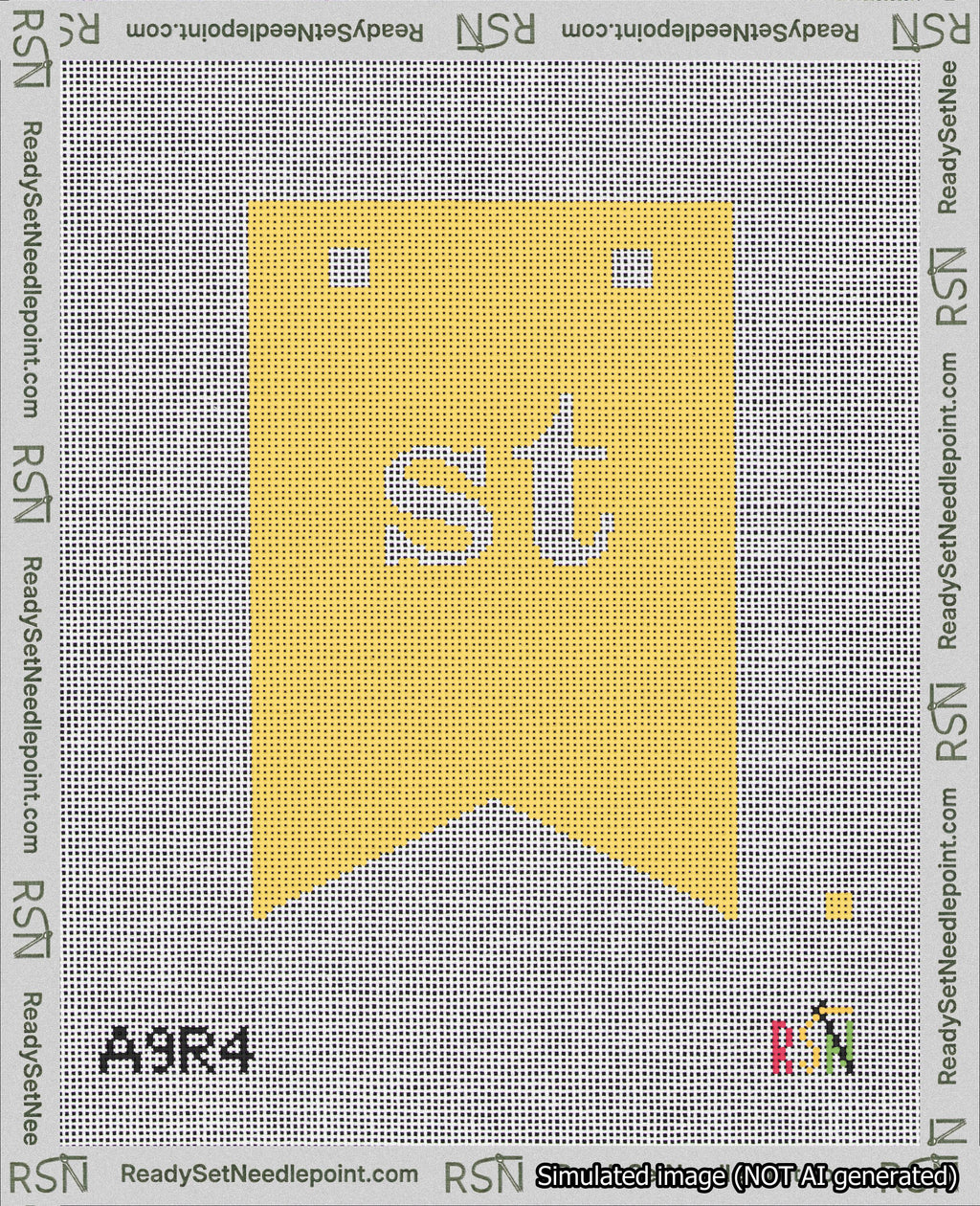 A taped needlepoint canvas with the design: Banner 18 mesh count Forked st White on Yellow.
