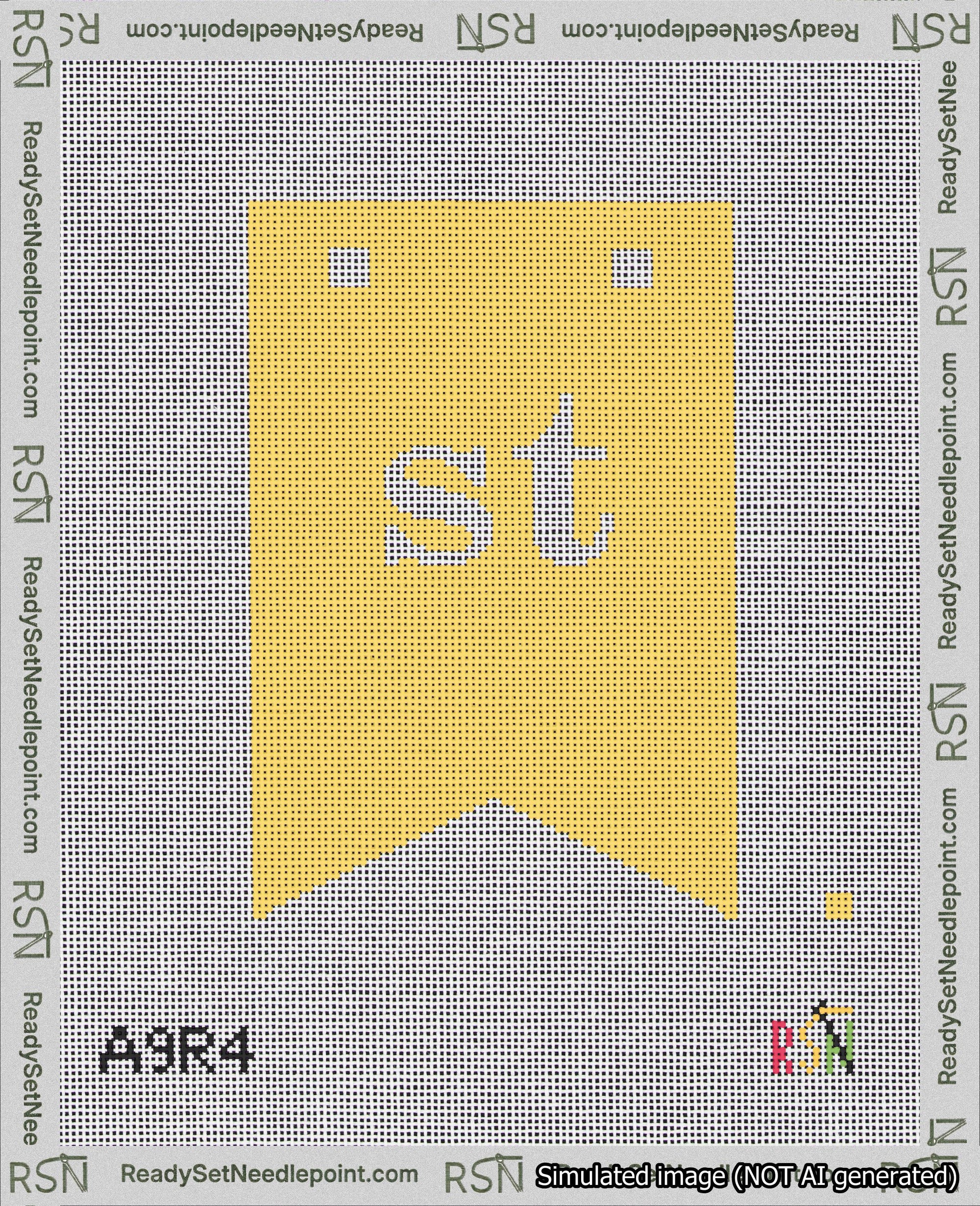 A taped needlepoint canvas with the design: Banner 18 mesh count Forked st White on Yellow.