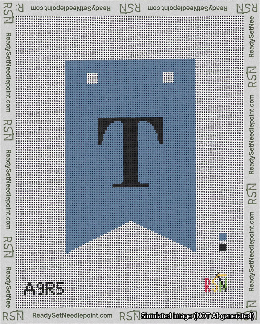 A taped needlepoint canvas with the design: Banner 18 mesh count Forked T Black on Blue.