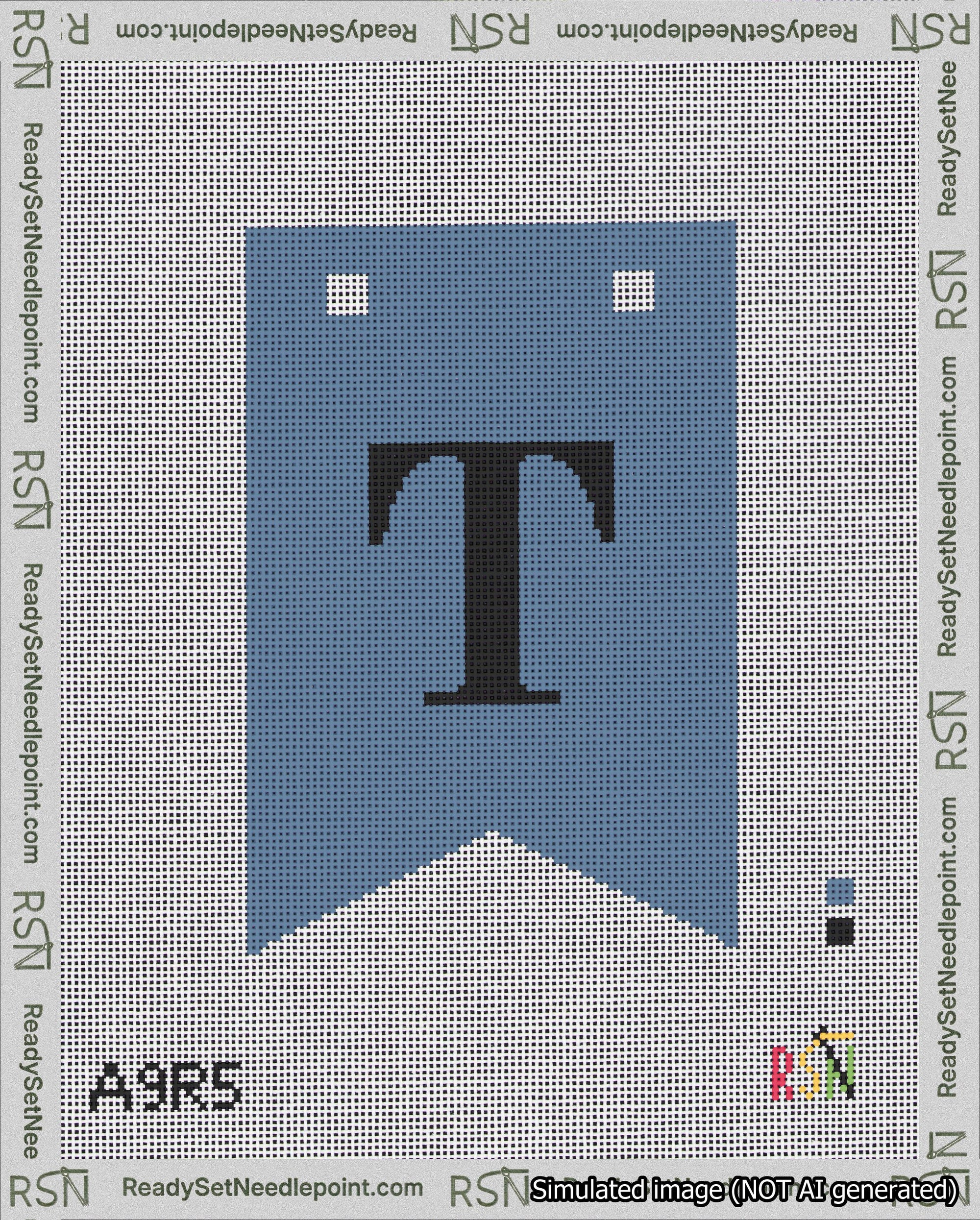 A taped needlepoint canvas with the design: Banner 18 mesh count Forked T Black on Blue.