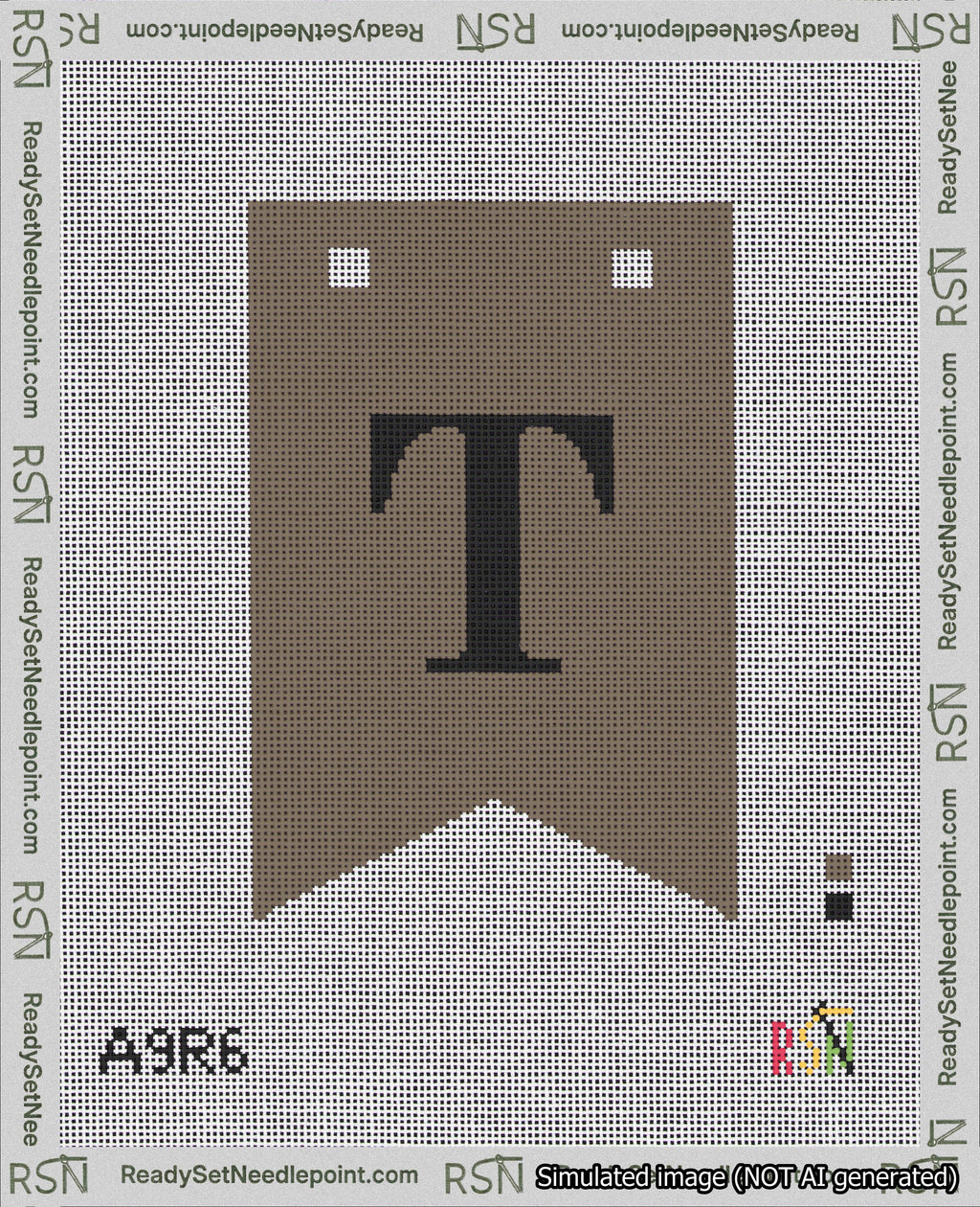 A taped needlepoint canvas with the design: Banner 18 mesh count Forked T Black on Brown.