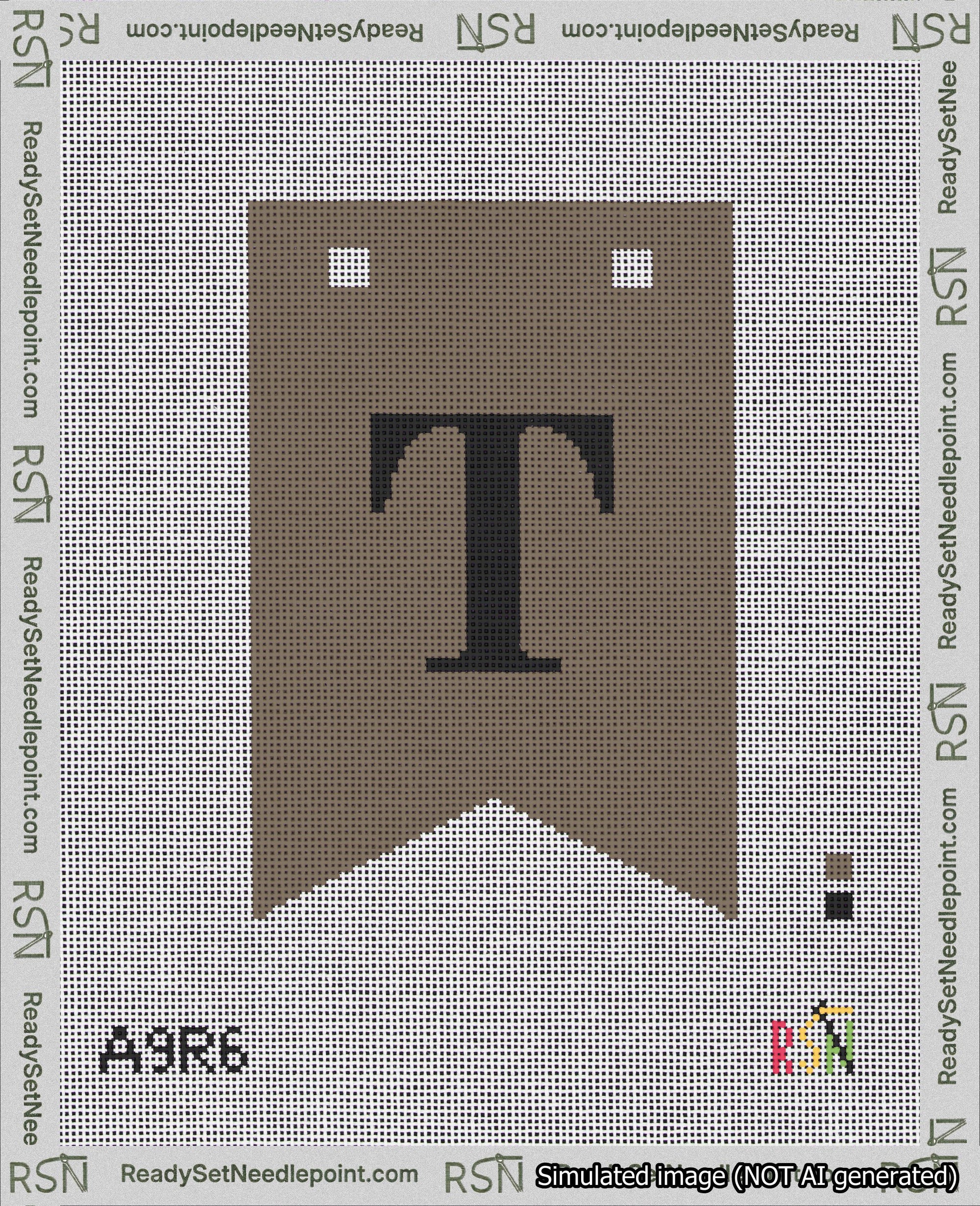 A taped needlepoint canvas with the design: Banner 18 mesh count Forked T Black on Brown.