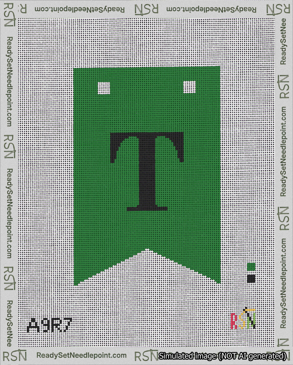 A taped needlepoint canvas with the design: Banner 18 mesh count Forked T Black on Green.