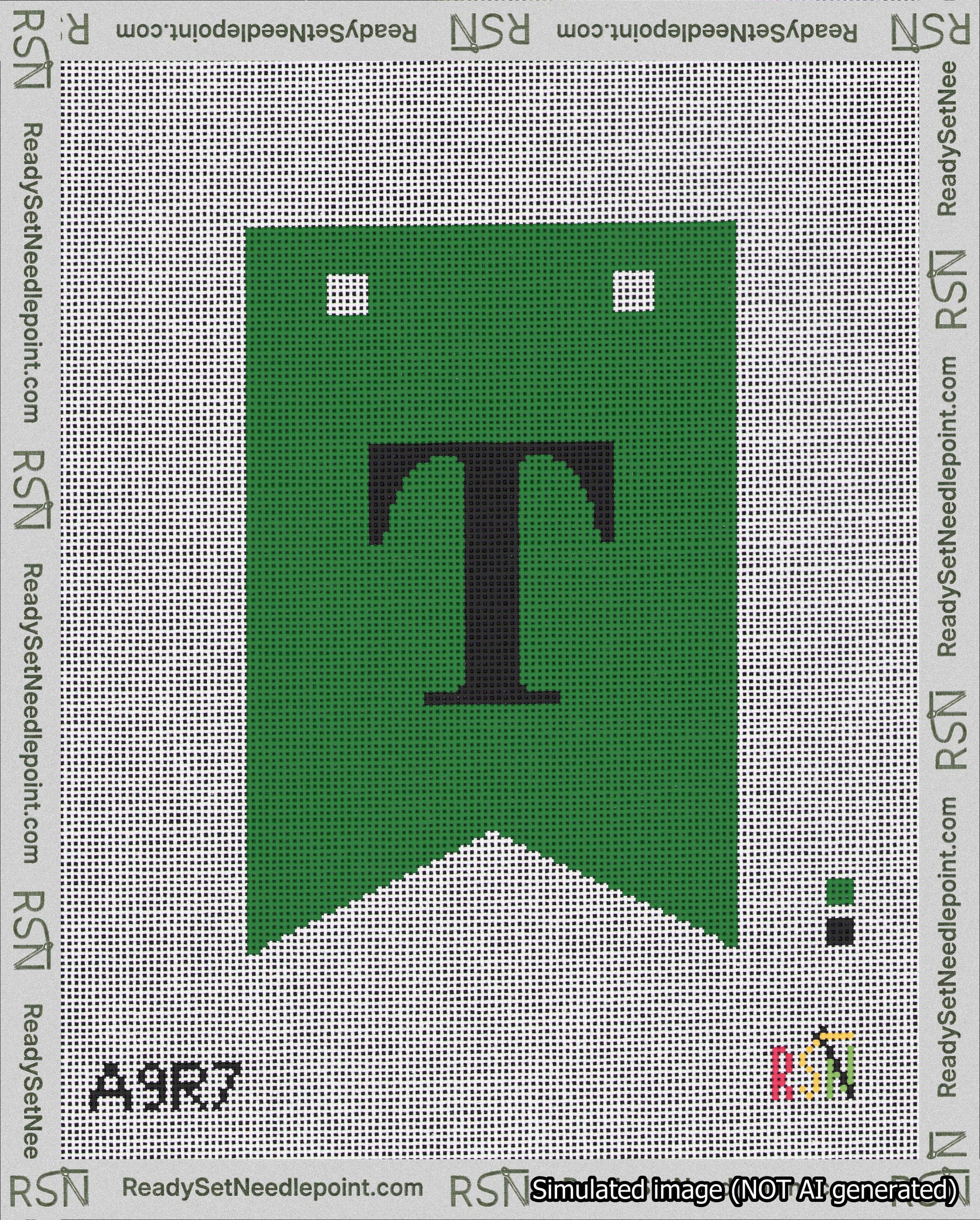 A taped needlepoint canvas with the design: Banner 18 mesh count Forked T Black on Green.