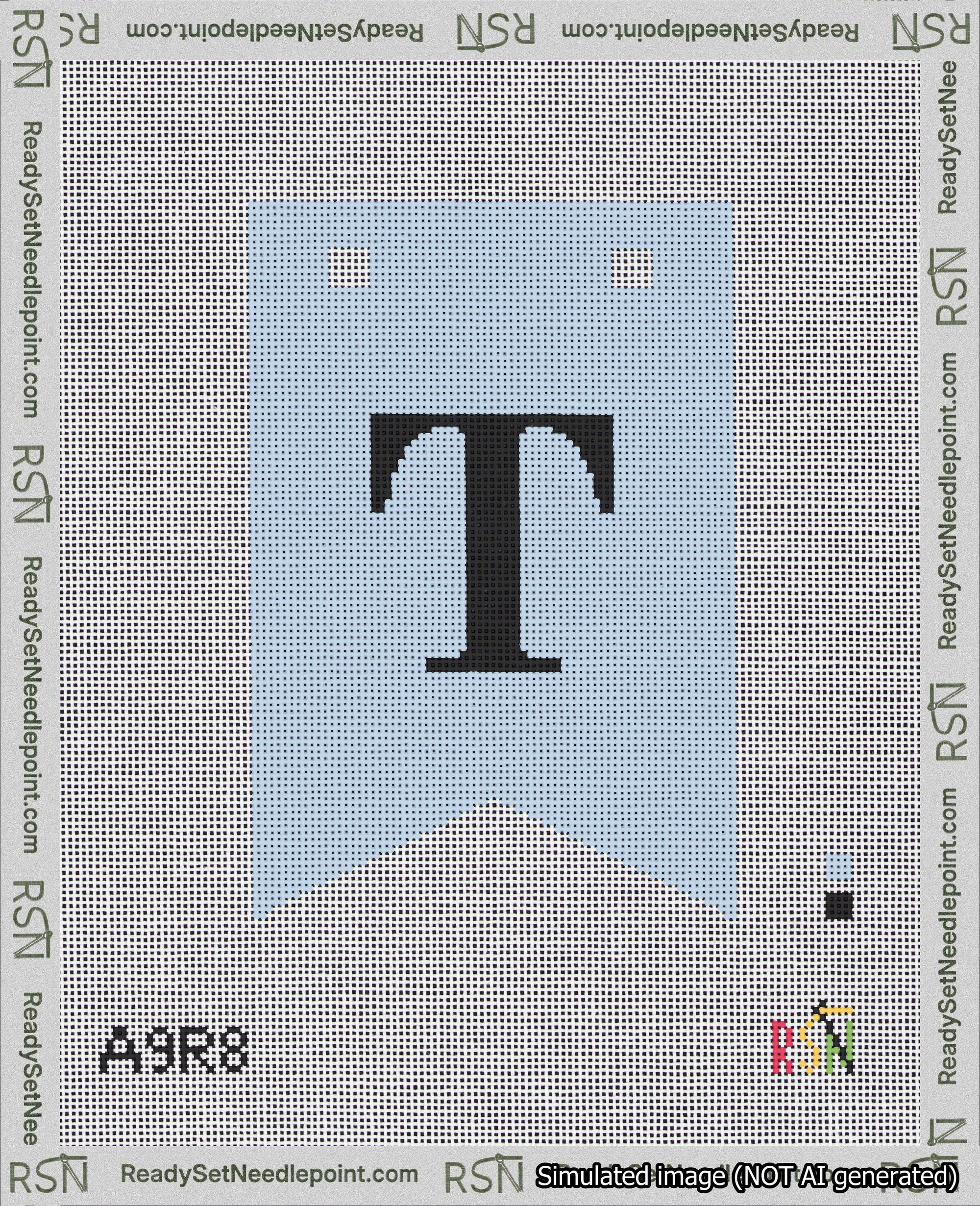 A taped needlepoint canvas with the design: Banner 18 mesh count Forked T Black on Light Blue.
