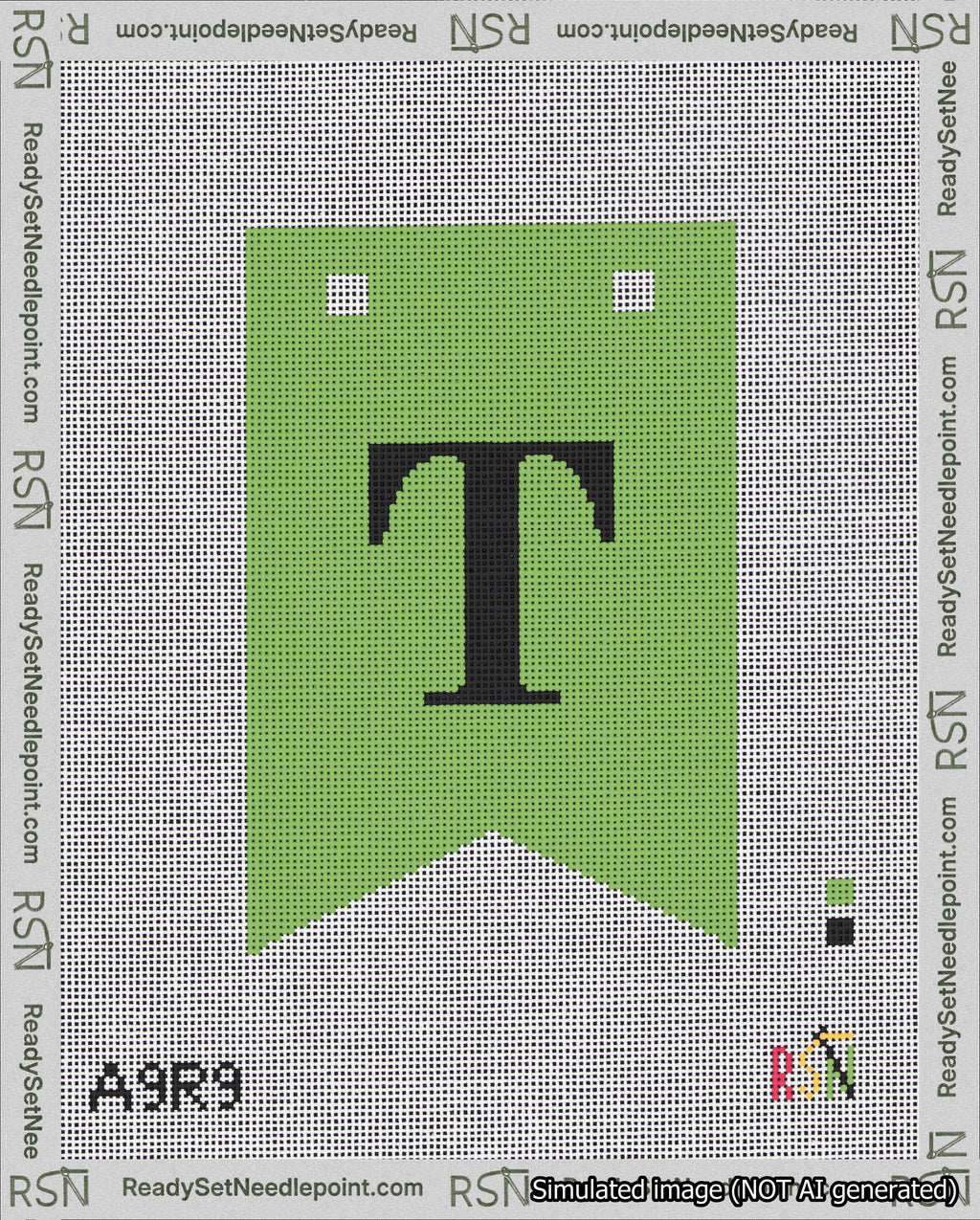 A taped needlepoint canvas with the design: Banner 18 mesh count Forked T Black on Light Green.
