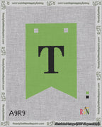 A taped needlepoint canvas with the design: Banner 18 mesh count Forked T Black on Light Green.
