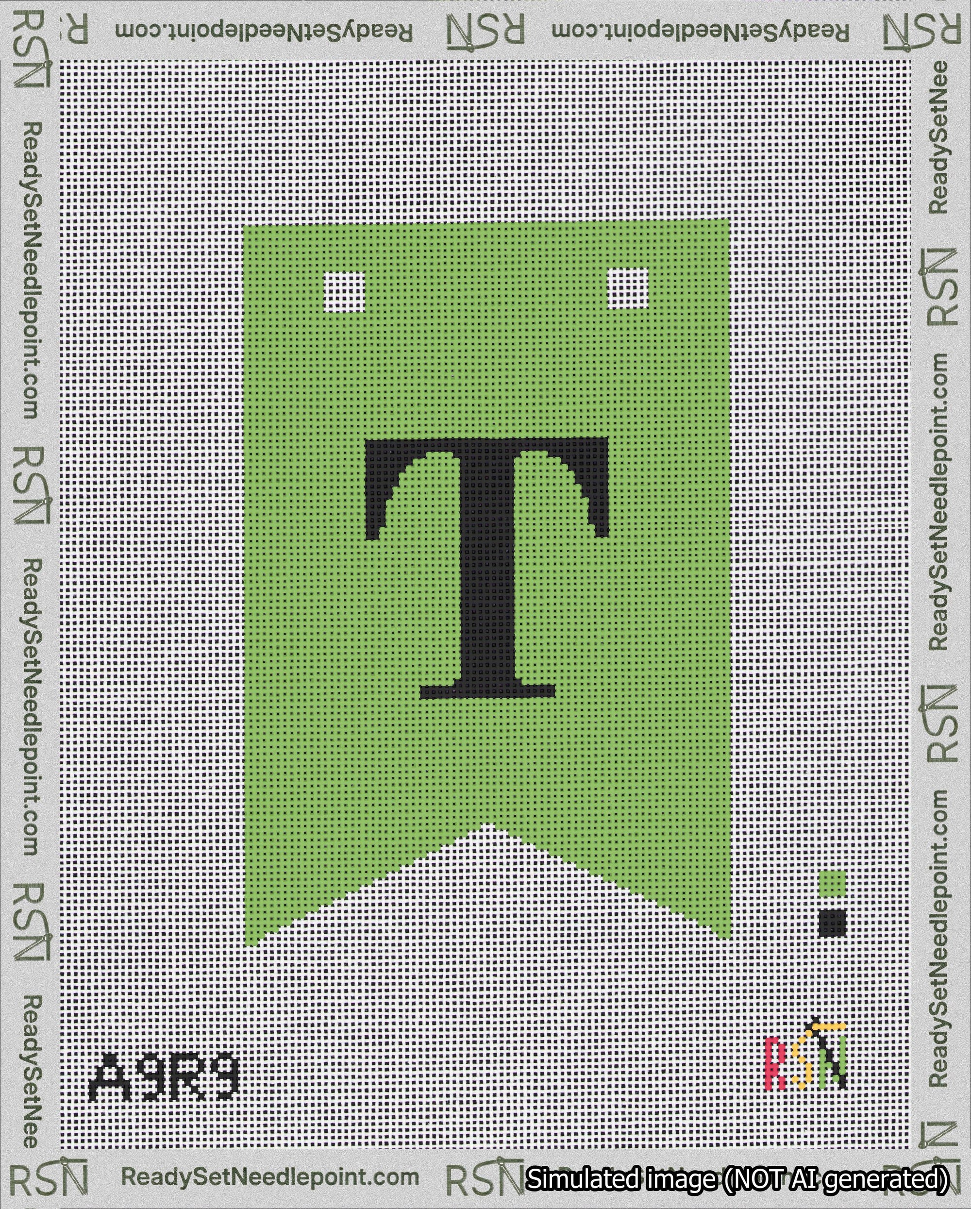A taped needlepoint canvas with the design: Banner 18 mesh count Forked T Black on Light Green.