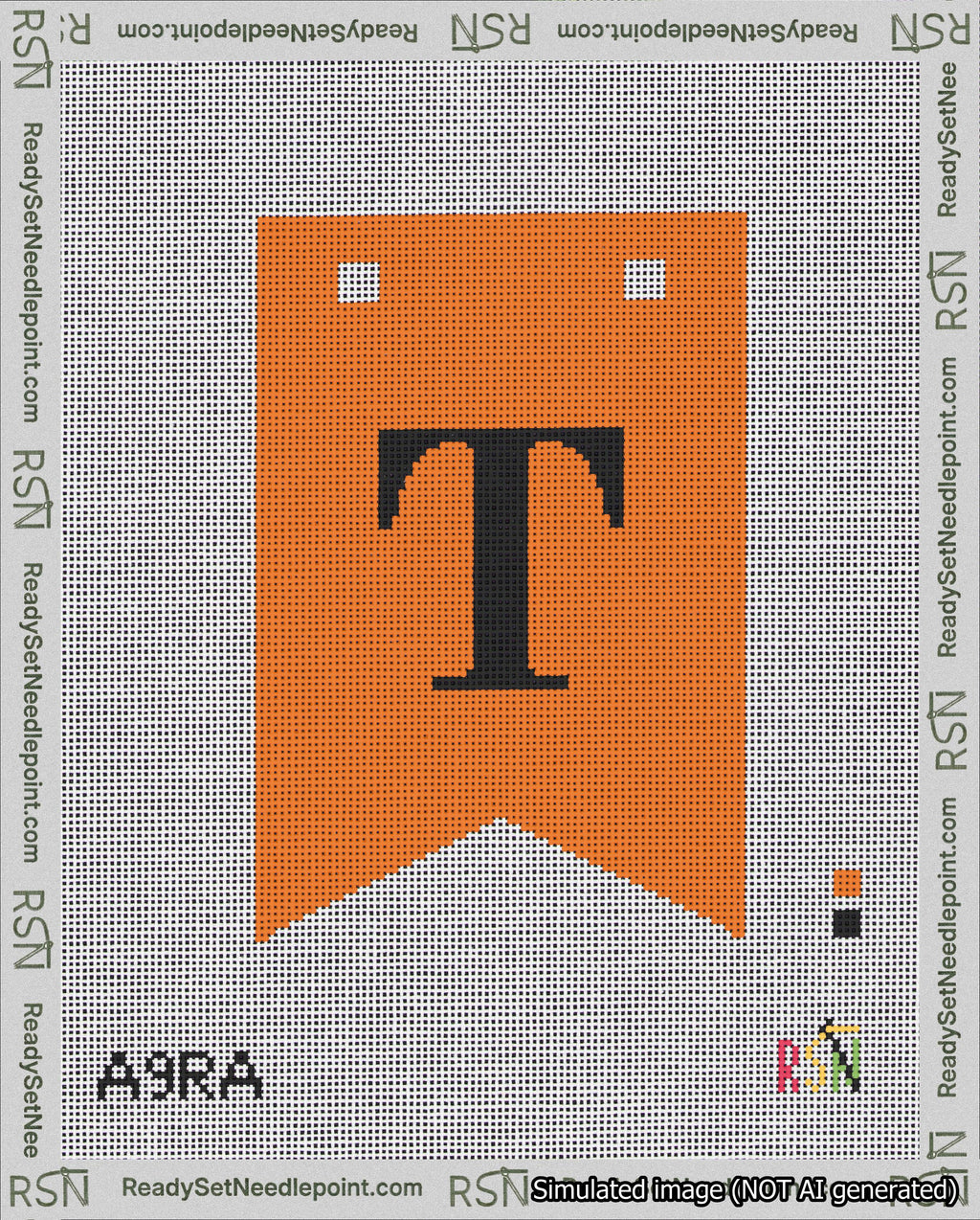 A taped needlepoint canvas with the design: Banner 18 mesh count Forked T Black on Orange.