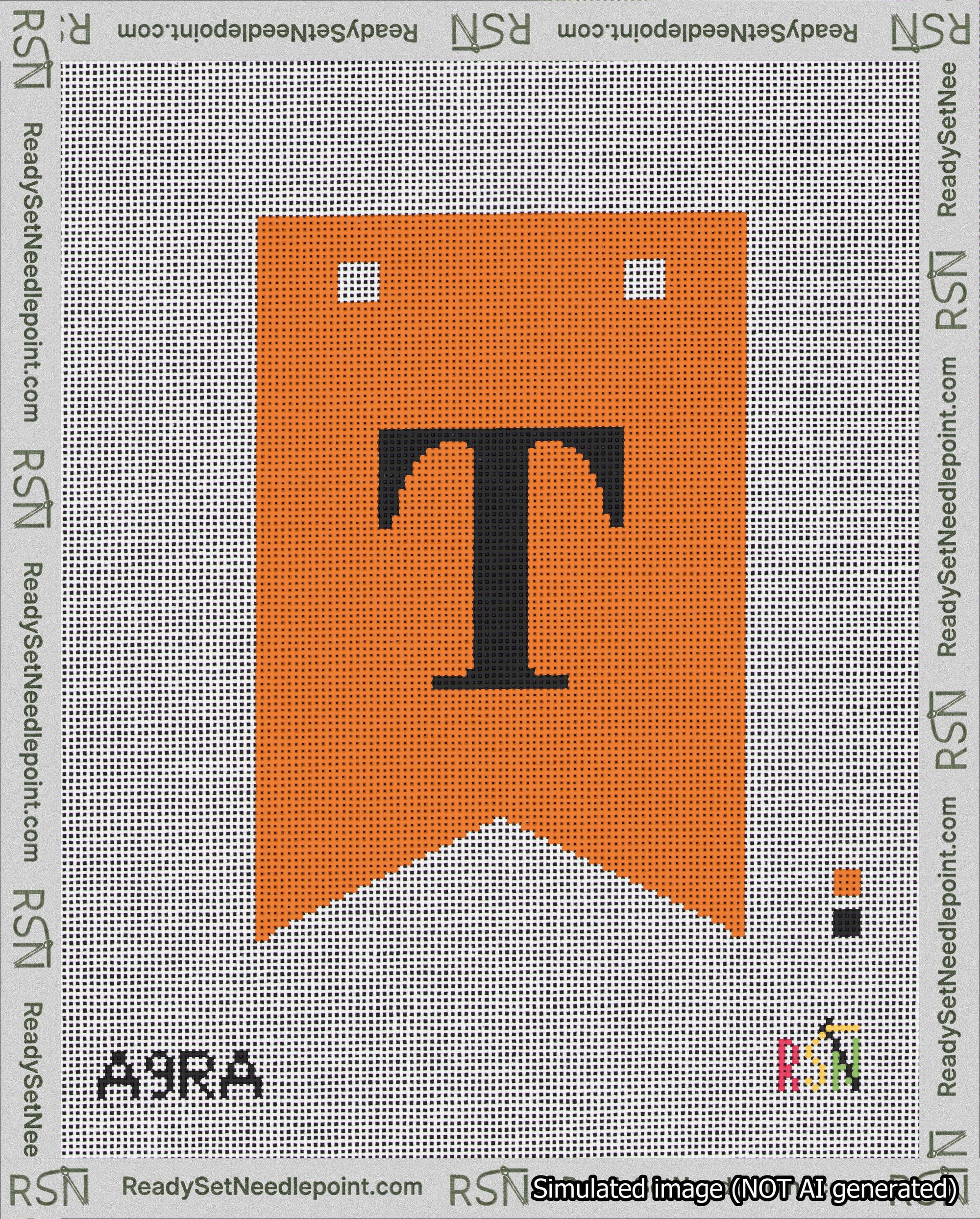 A taped needlepoint canvas with the design: Banner 18 mesh count Forked T Black on Orange.