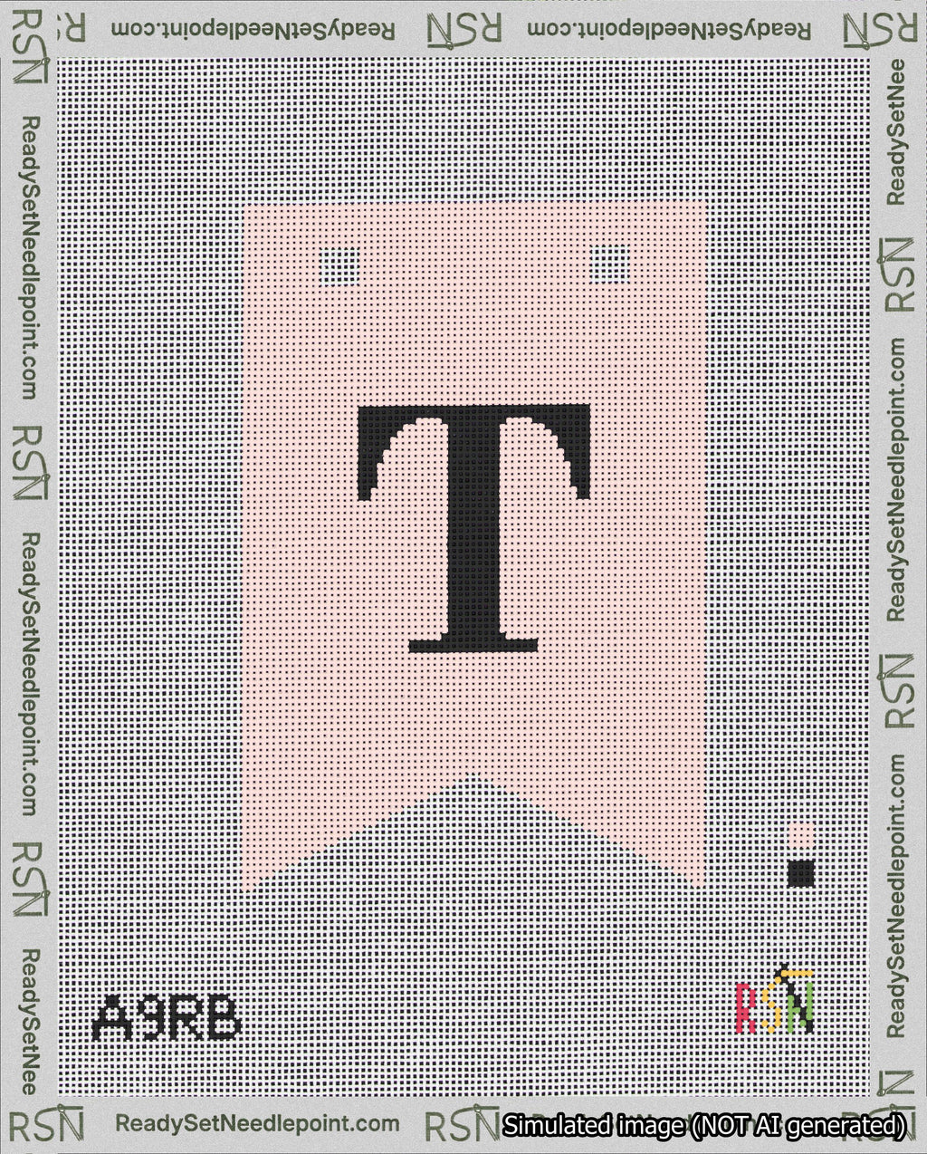 A taped needlepoint canvas with the design: Banner 18 mesh count Forked T Black on Pink.