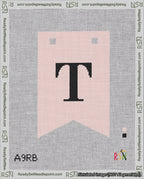A taped needlepoint canvas with the design: Banner 18 mesh count Forked T Black on Pink.