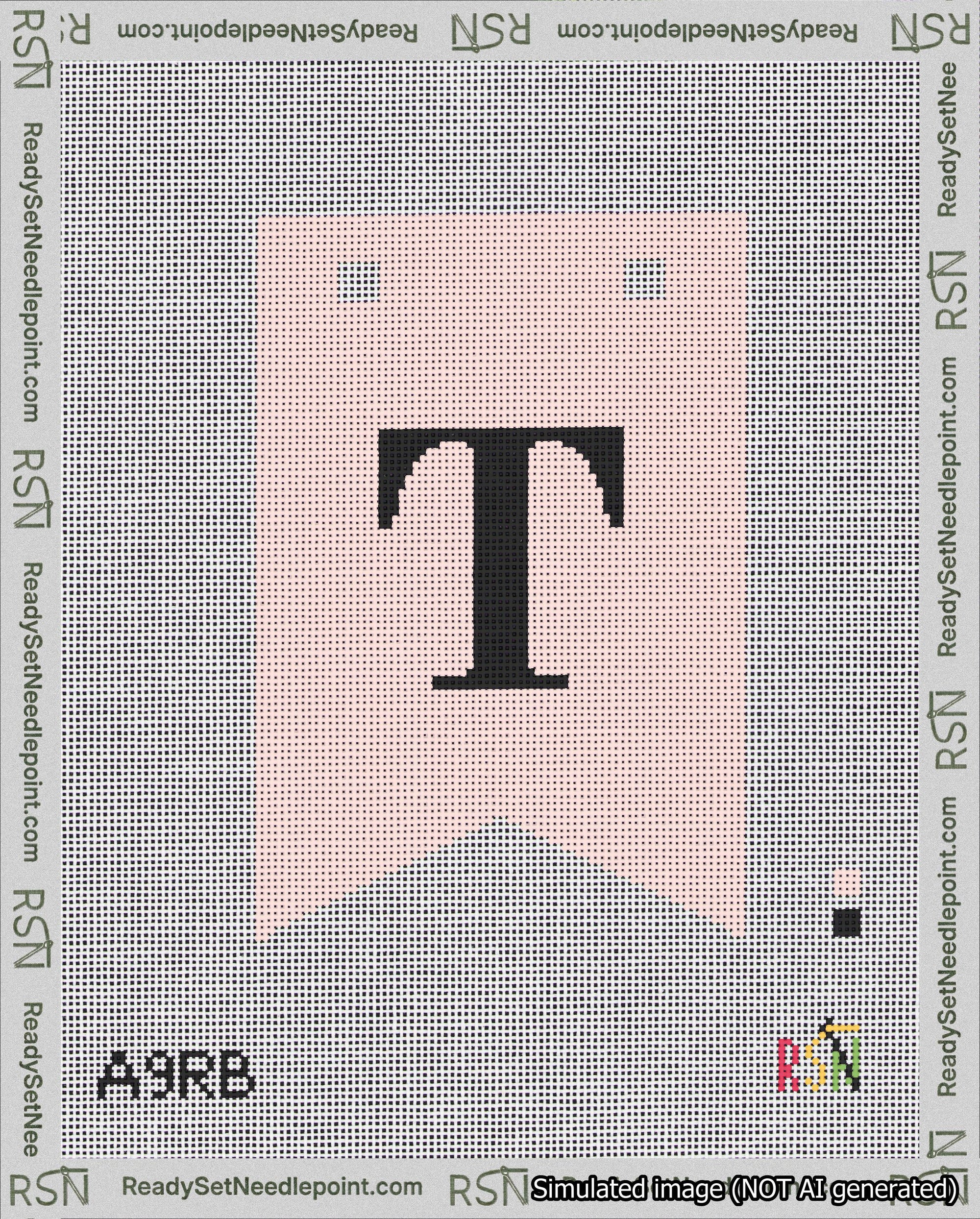A taped needlepoint canvas with the design: Banner 18 mesh count Forked T Black on Pink.