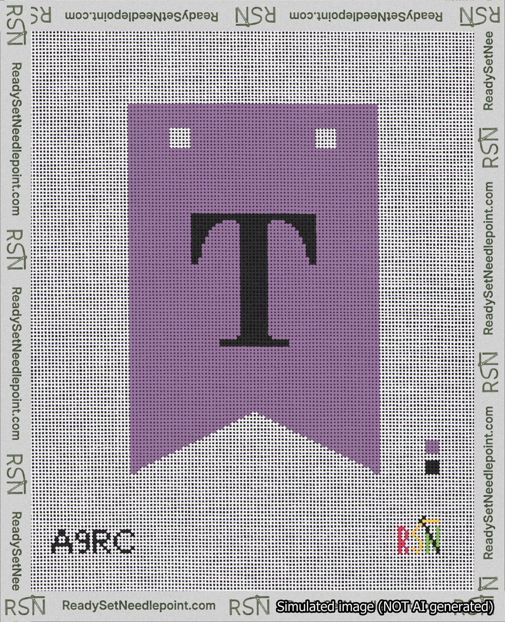 A taped needlepoint canvas with the design: Banner 18 mesh count Forked T Black on Purple.