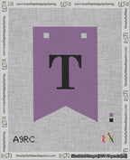 A taped needlepoint canvas with the design: Banner 18 mesh count Forked T Black on Purple.