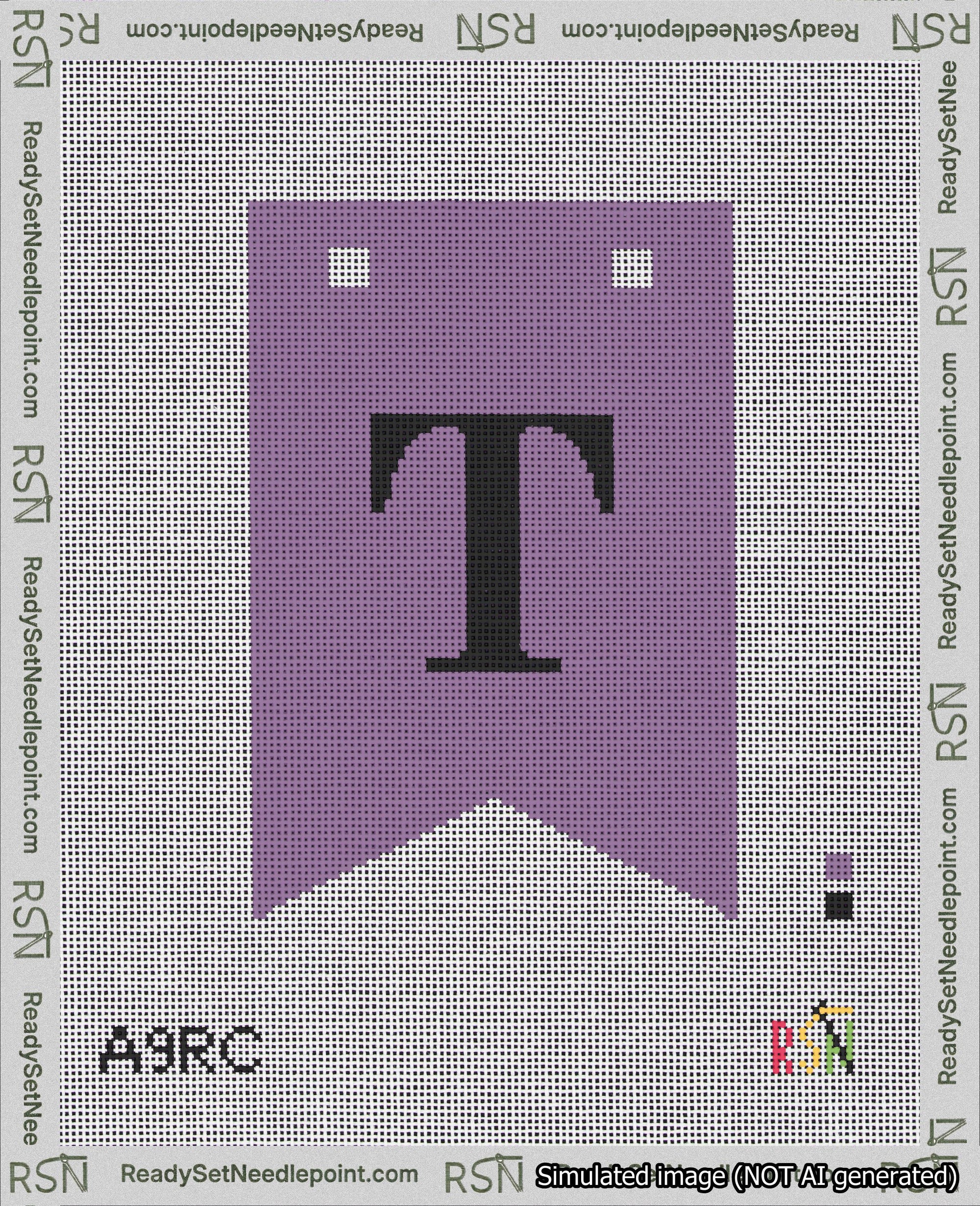 A taped needlepoint canvas with the design: Banner 18 mesh count Forked T Black on Purple.